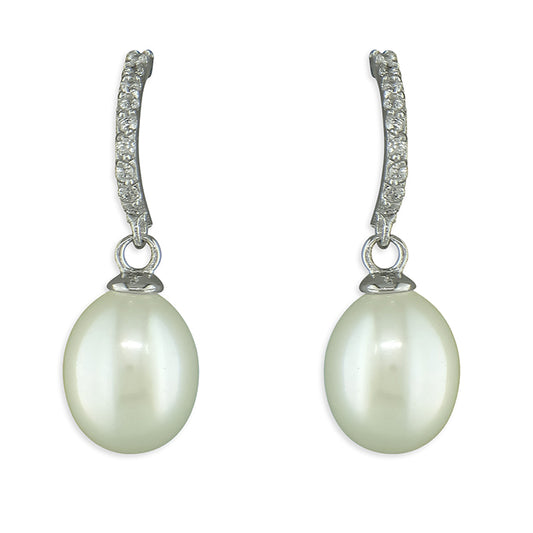 Silver and Cubic zirconia hoop with freshwater pearl drop earrings