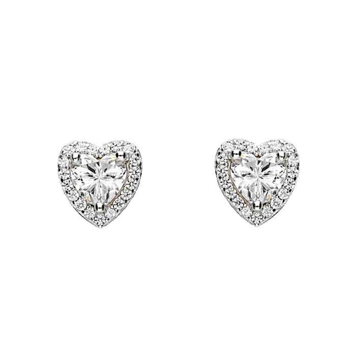 Silver and Cubic Zirconia heart with halo stud earrings