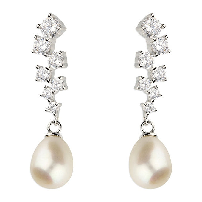 Silver and cubic zirconias with freshwater pearls drop earrings