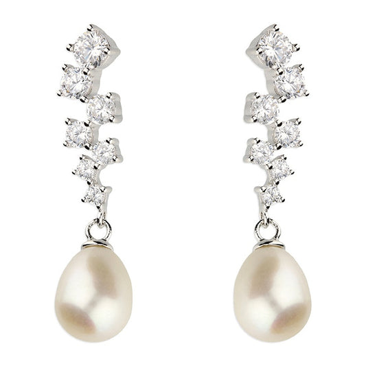 Silver and cubic zirconias with freshwater pearls drop earrings