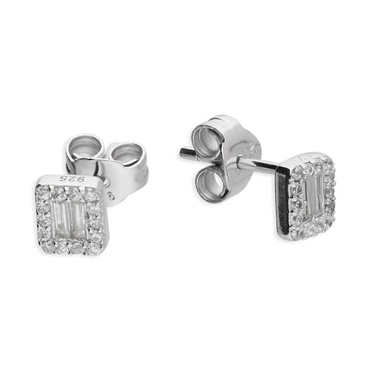 Silver small baguette cut cubic zirconia halo stud earrings