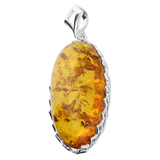 Silver amber, long oval in crown-type setting pendant