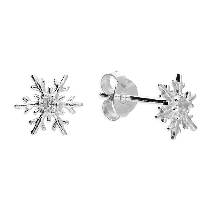 Silver Small snowflake with cubic zirconia stud earrings
