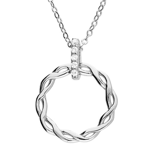Silver entwined circle on a cubic zirconia pendant and earrings set