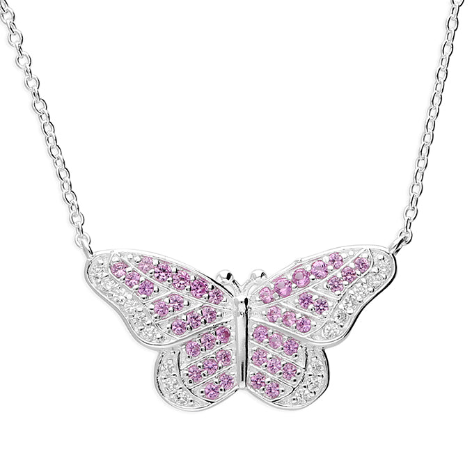 Silver with White and pink cubic zirconia butterfly pendant