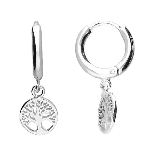 SILVER TREE OF LIFE HUGGIE HOOP EARRINGS