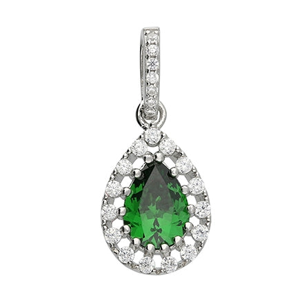 Silver and green pear shaped spinel with white cubic zirconia earrings and pendant set