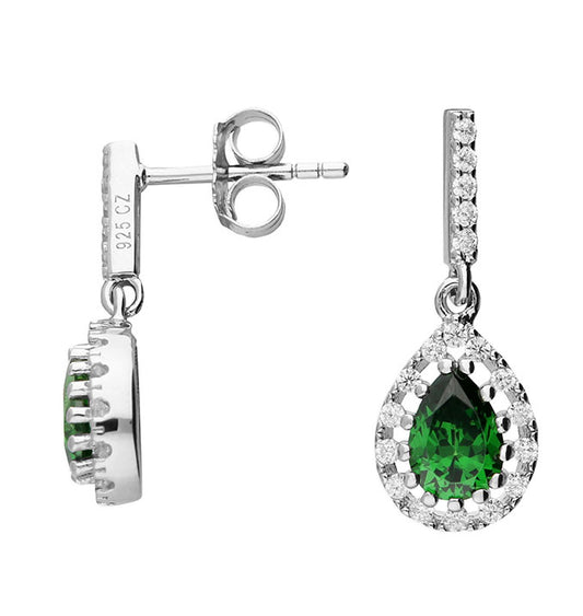 Silver and green pear shaped spinel with white cubic zirconia earrings and pendant set