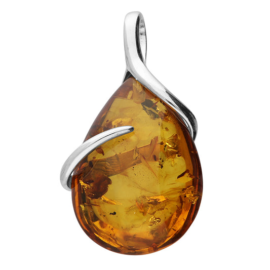 Silver and amber teardrop with wrap around tendril pendant