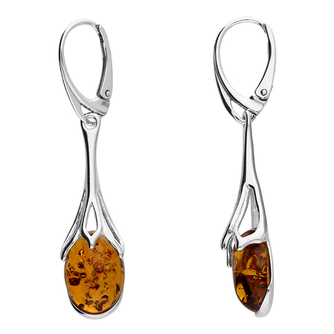 Silver and amber sunflower. Hinged hook earrings