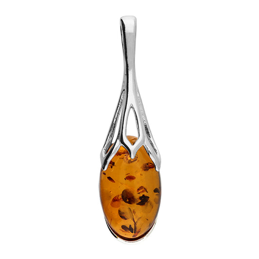 Silver and Oval cognac amber sunflower pendant