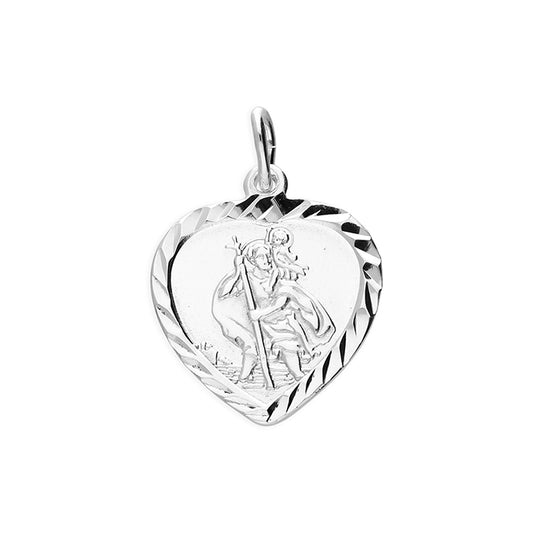 Silver St Christopher Single sided, diamond cut heart pendant