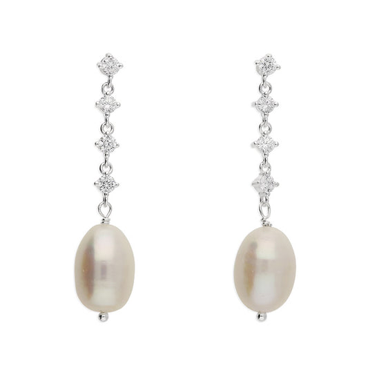Silver and freshwater pearl and cubic zirconia stud drop earrings