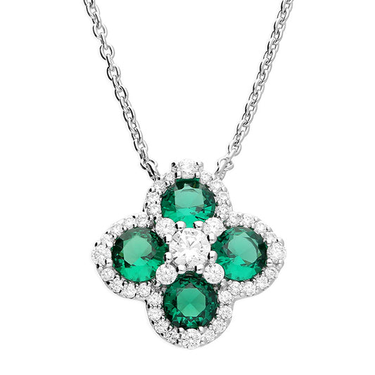 Silver clover with green and white cubic zirconia pendant and earring set