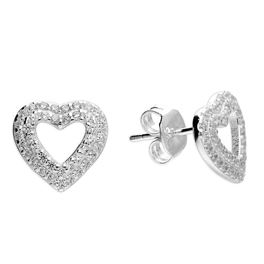 Silver and Cubic Zirconia heart outline stud earrings