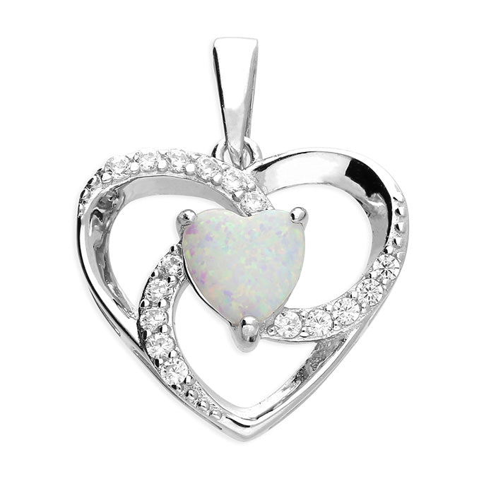 Silver synthetic opal and white cubic zirconia open swirl heart pendant