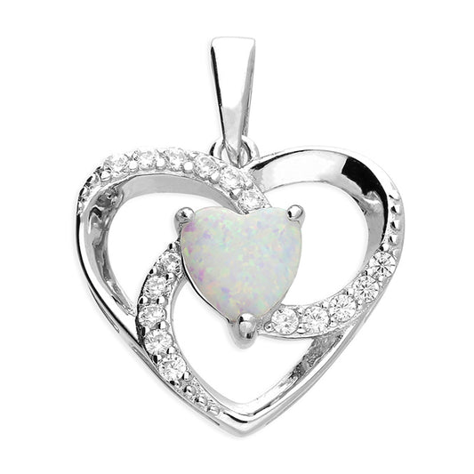Silver synthetic opal and white cubic zirconia open swirl heart pendant