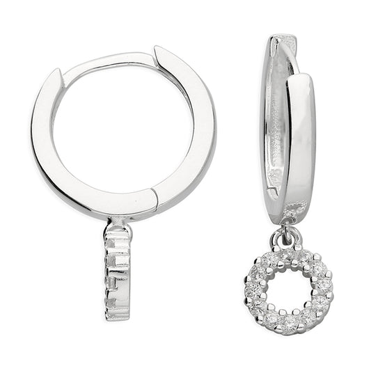 SILVER AND CUBIC ZIRCONIA OPEN CIRCLE CHARM HUGGIE EARRINGS