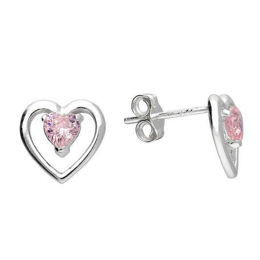 Silver and Pink Cubic Zirconia heart stud earrings