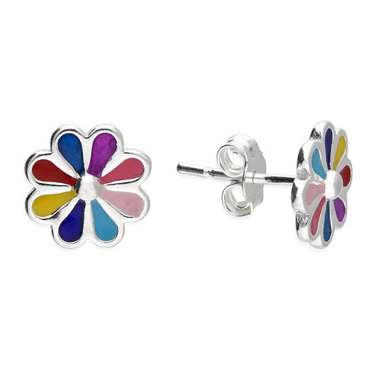 Silver and multi colured enamel flower stud earrings