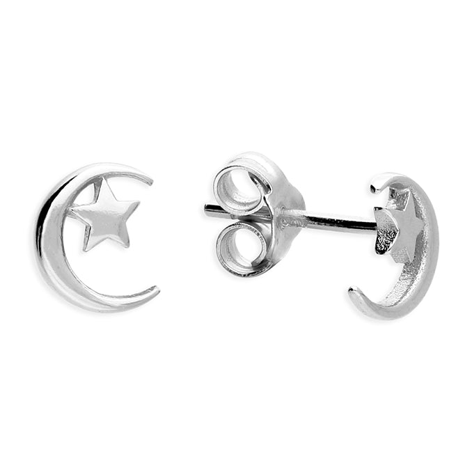 Silver moon and star stud earrings