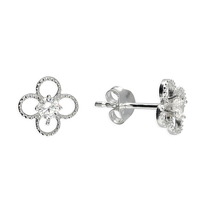 Silver and cubic zirconia Quatrefoil wire Stud earrings