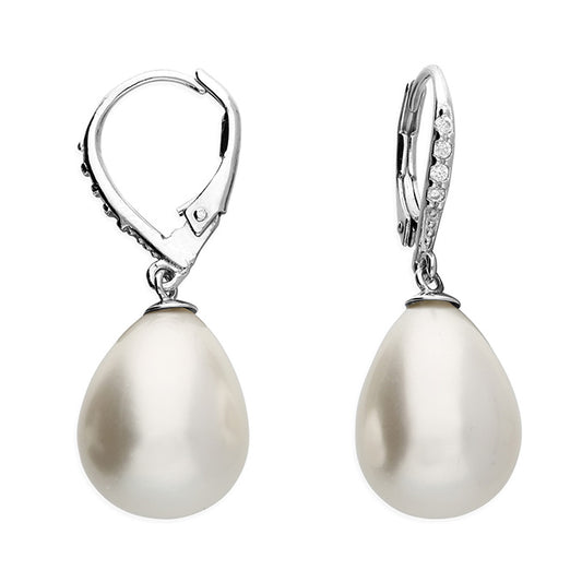 Silver, shell pearl and cubic zirconia drop earrings