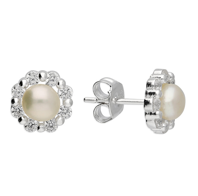 Silver, freshwater pearl and cubic zirconia stud earrings