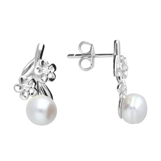 Silver and freshwater pearl and cubic zirconia flowers stud earrings