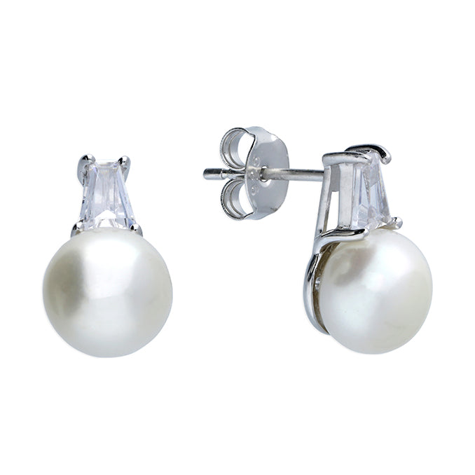 Silver, freshwater pearl and cubic zirconia drop earrings
