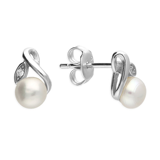 Silver and freshwater pearl and cubic zirconia leaf stud earrings