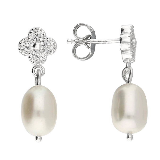 Silver, freshwater pearl and cubic zirconia quatrefoil drop earrings