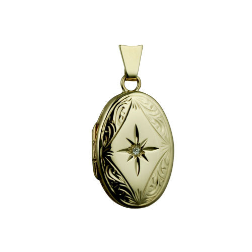 9ct gold and diamond engraved oval locket and chain