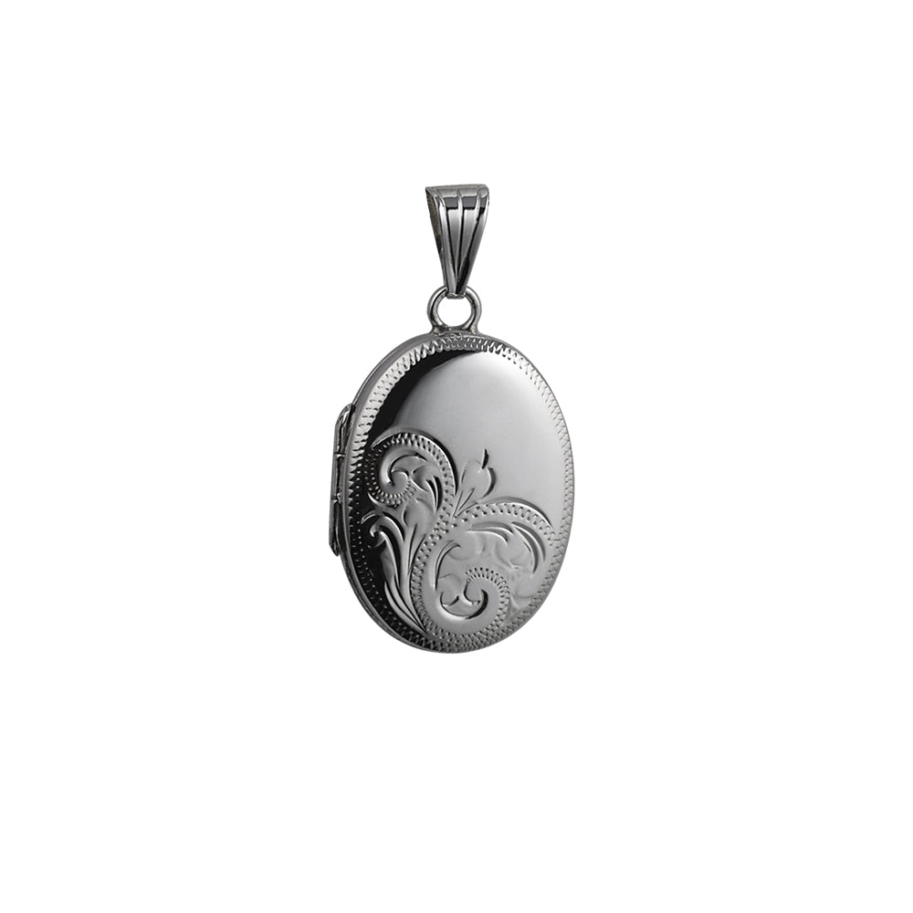 silver half engraved oval locket on a silver chain
