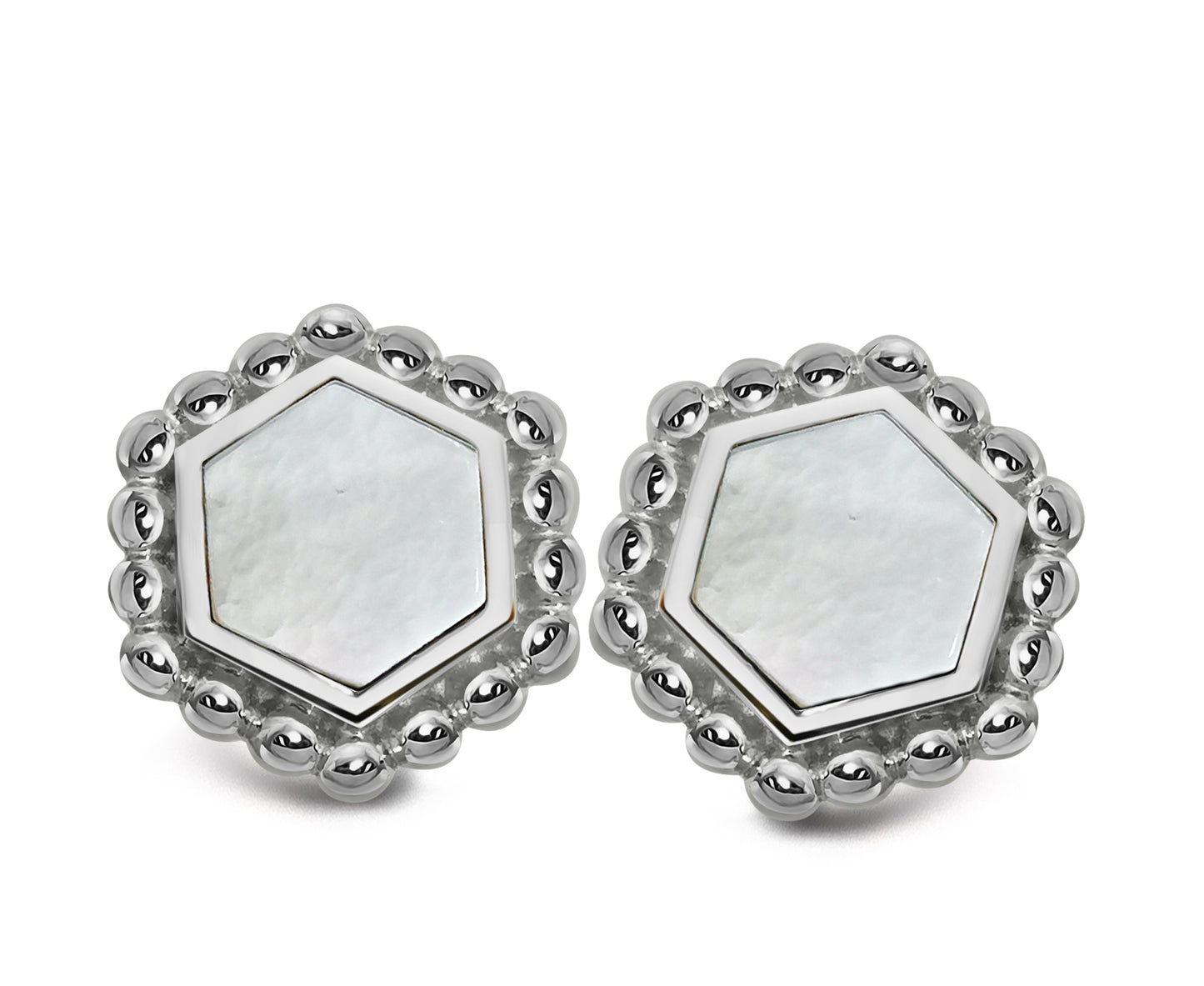 Silver and Mother of Pearl hexagon shaped stud earrings with beaded edge