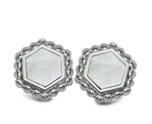 Silver and Mother of Pearl hexagon shaped stud earrings with beaded edge
