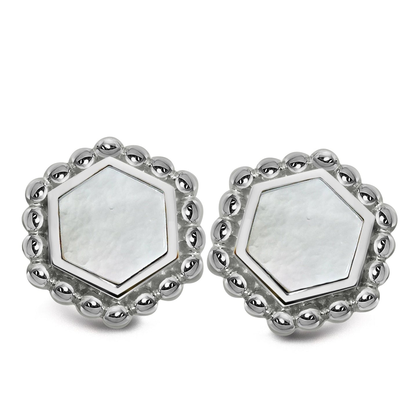 Silver and Mother of Pearl hexagon shaped stud earrings with beaded edge