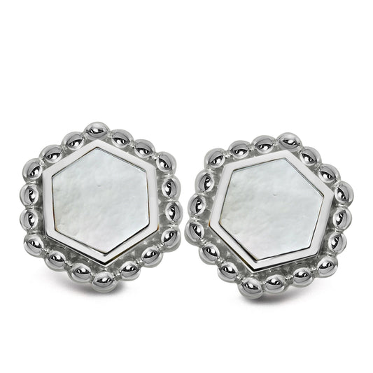 Silver and Mother of Pearl hexagon shaped stud earrings with beaded edge