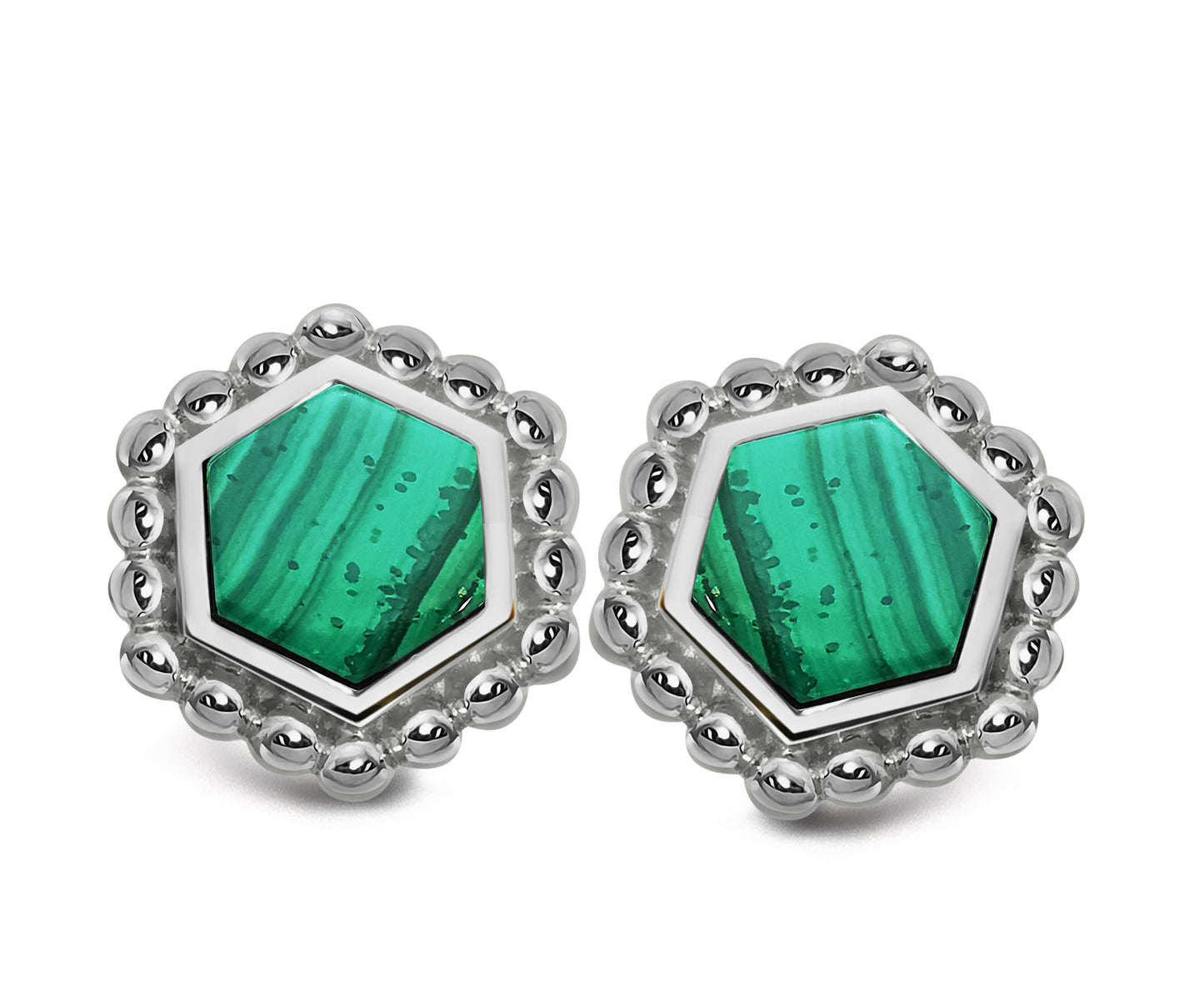 Silver and Malachite hexagon shaped pendant with beaded edge