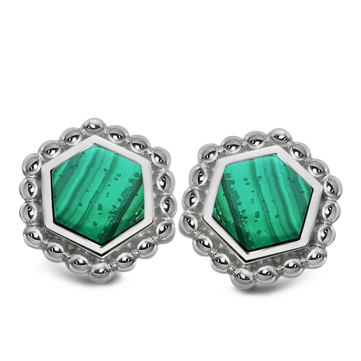 Silver and Malachite hexagon shaped pendant with beaded edge