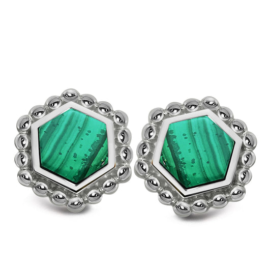 Silver and Malachite hexagon shaped pendant with beaded edge