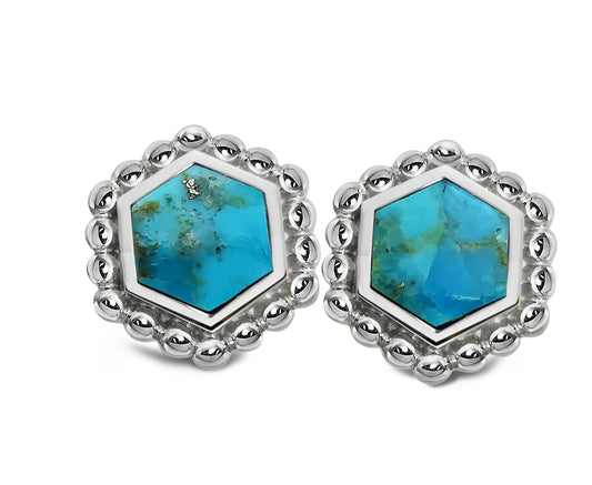 Silver and Turquoise hexagon shaped stud earrings with beaded edge
