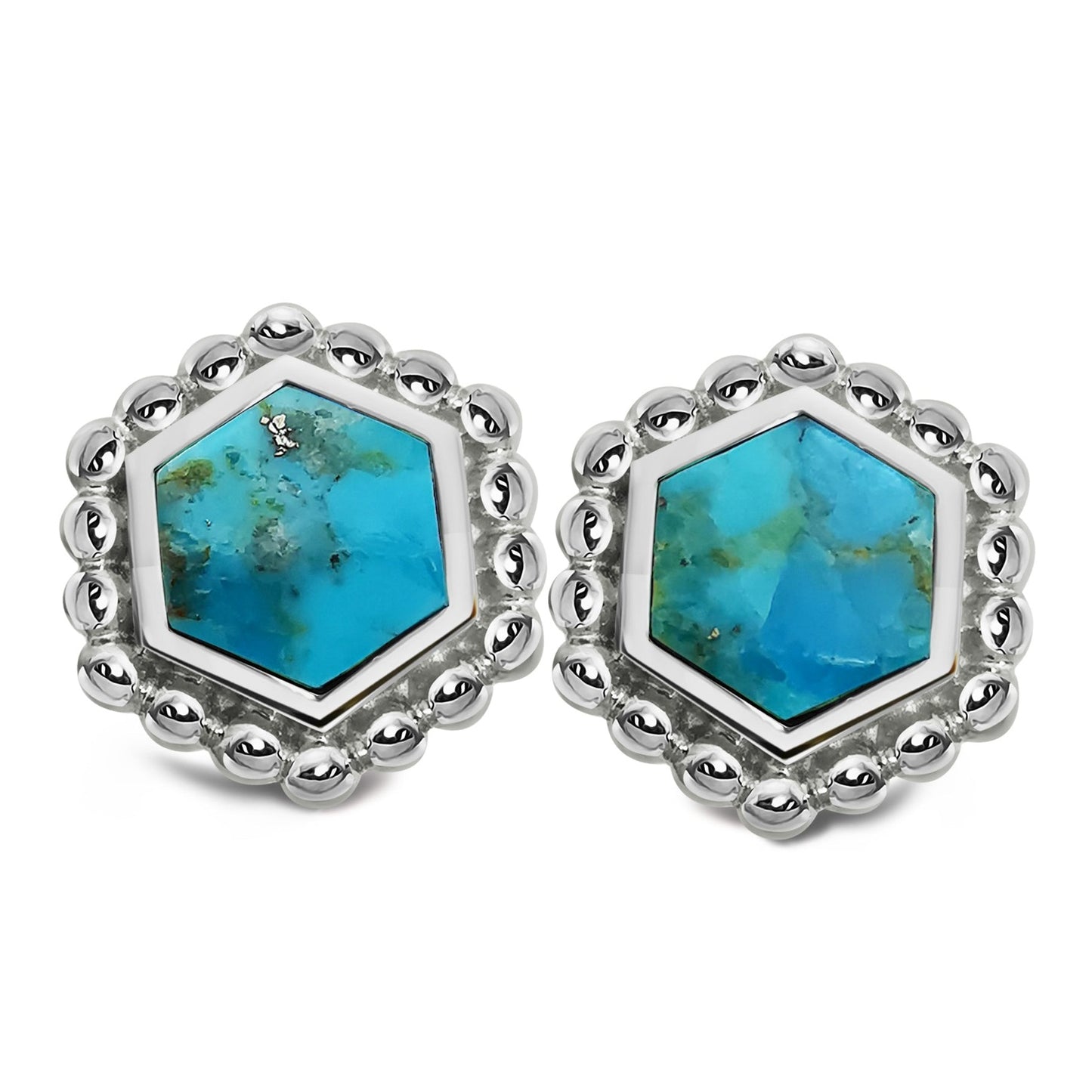 Silver and Turquoise hexagon shaped stud earrings with beaded edge