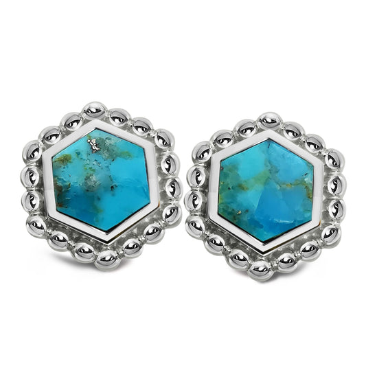 Silver and Turquoise hexagon shaped stud earrings with beaded edge