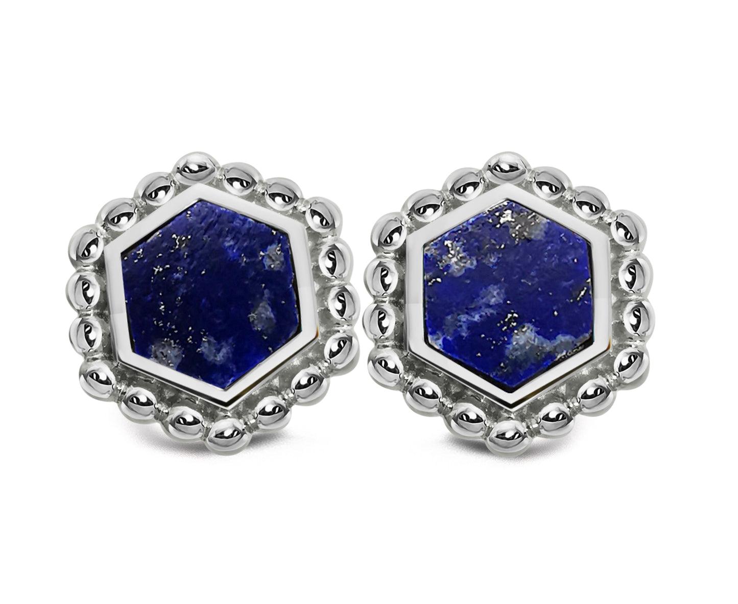 Silver and Lapis Lazuli hexagon beaded edge stud earrings