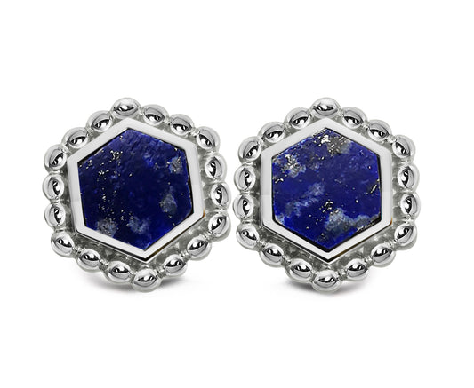 Silver and Lapis Lazuli hexagon beaded edge stud earrings