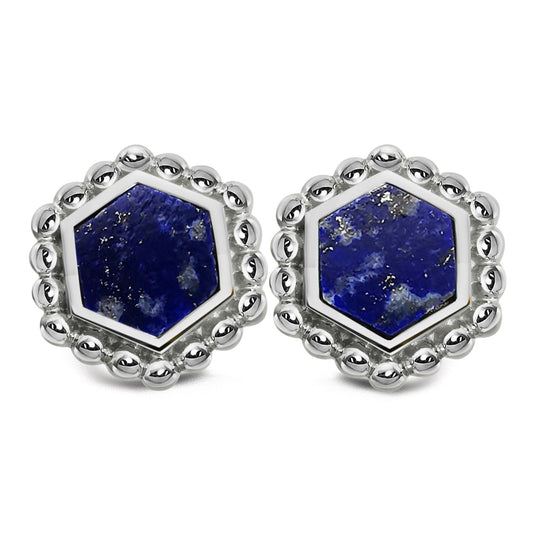 Silver and Lapis Lazuli hexagon beaded edge stud earrings