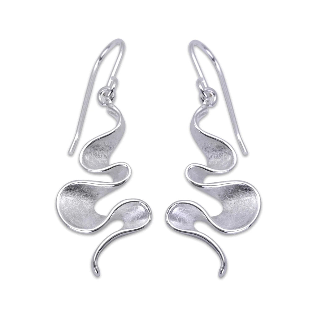 Silver wavy ribbon style drop earrings