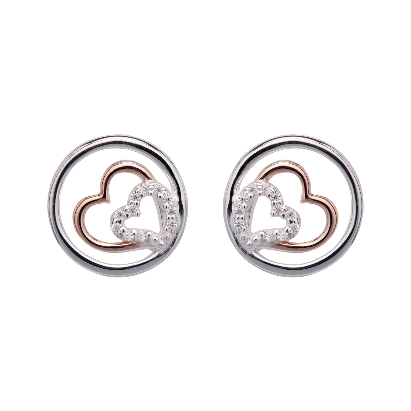 Silver, Rose Gold detail and Cubic Zirconia circular heart stud earrings