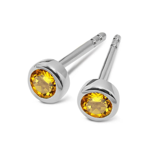 Silver and Golden Citrine rub set round stud earrings
